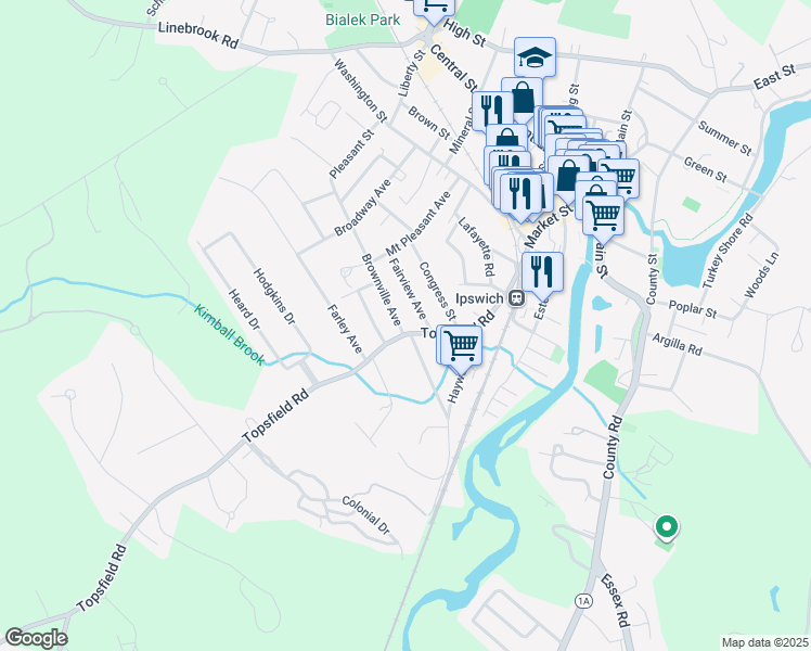 map of restaurants, bars, coffee shops, grocery stores, and more near 14 Fairview Avenue in Ipswich