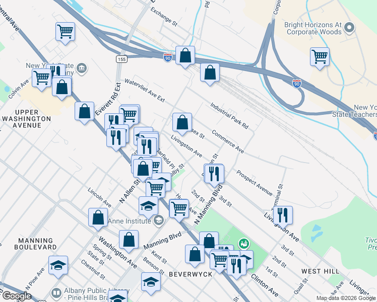 map of restaurants, bars, coffee shops, grocery stores, and more near 797 Livingston Avenue in Albany