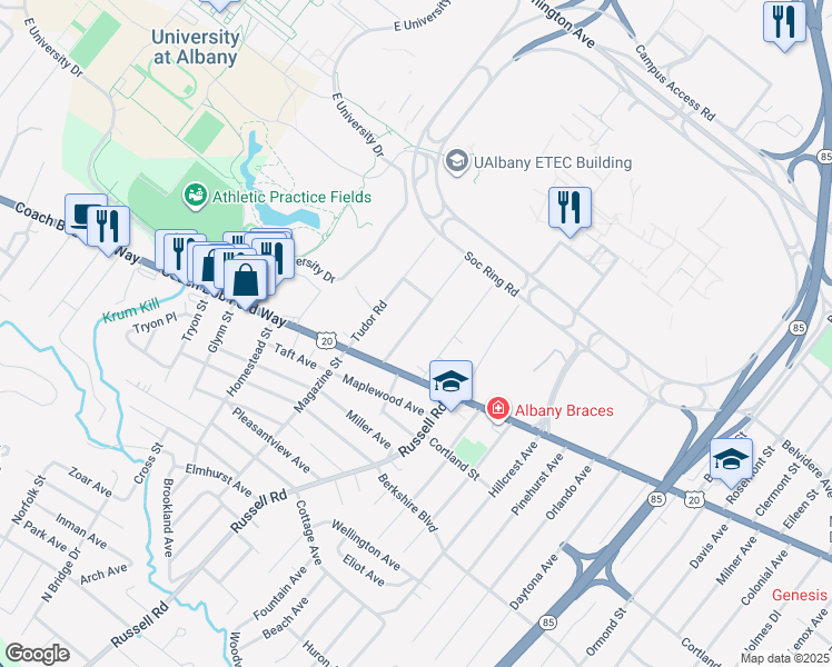 map of restaurants, bars, coffee shops, grocery stores, and more near 14 Clarendon Road in Albany
