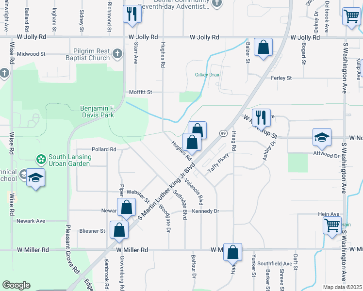 map of restaurants, bars, coffee shops, grocery stores, and more near 5621 Hughes Road in Lansing