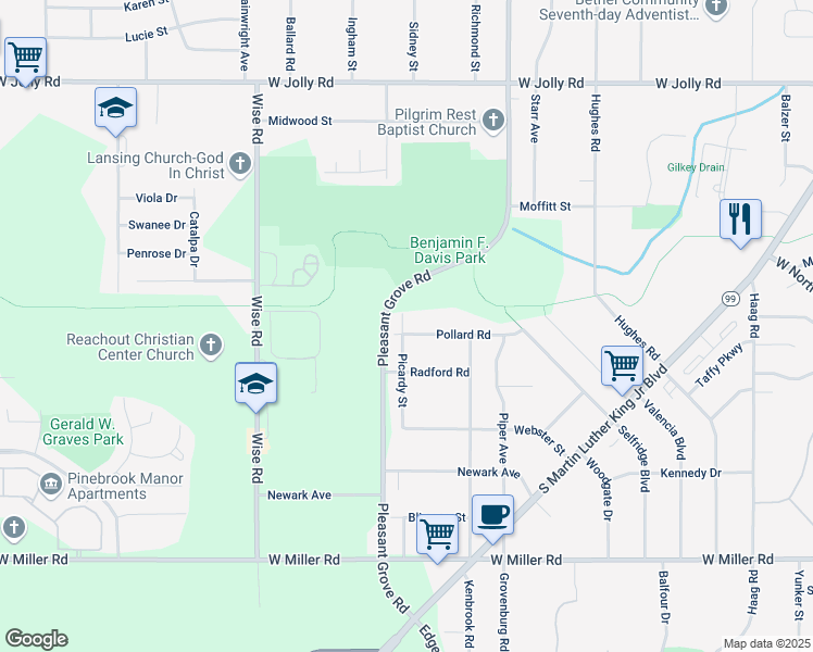 map of restaurants, bars, coffee shops, grocery stores, and more near 5603 Picardy Street in Lansing