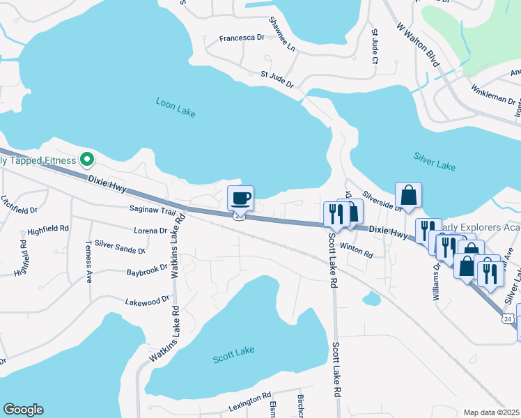 map of restaurants, bars, coffee shops, grocery stores, and more near 3260 Dixie Highway in Waterford Township