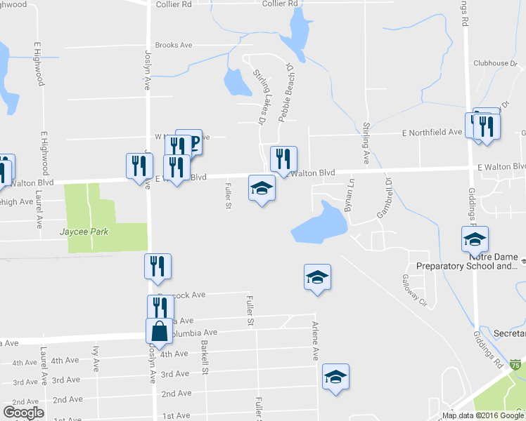map of restaurants, bars, coffee shops, grocery stores, and more near 744 East Walton Boulevard in Pontiac