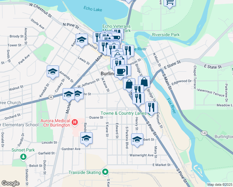 map of restaurants, bars, coffee shops, grocery stores, and more near 152 East Washington Street in Burlington