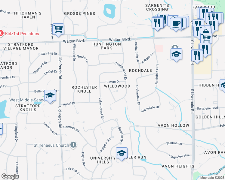 map of restaurants, bars, coffee shops, grocery stores, and more near 1641 Sumac Drive in Rochester Hills