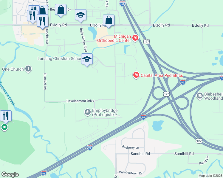 map of restaurants, bars, coffee shops, grocery stores, and more near 3253 Pine Tree Road in Lansing