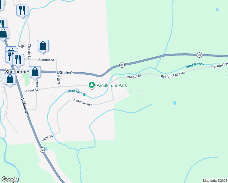 map of restaurants, bars, coffee shops, grocery stores, and more near 111 Chenango Ave in Sherburne