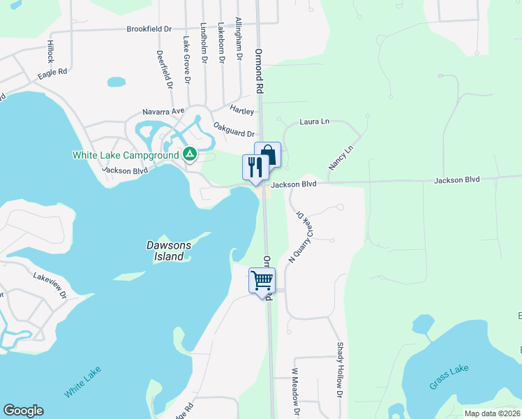 map of restaurants, bars, coffee shops, grocery stores, and more near 3811 Ormond Road in White Lake charter Township