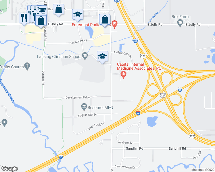 map of restaurants, bars, coffee shops, grocery stores, and more near 3253 Pine Tree Road in Lansing