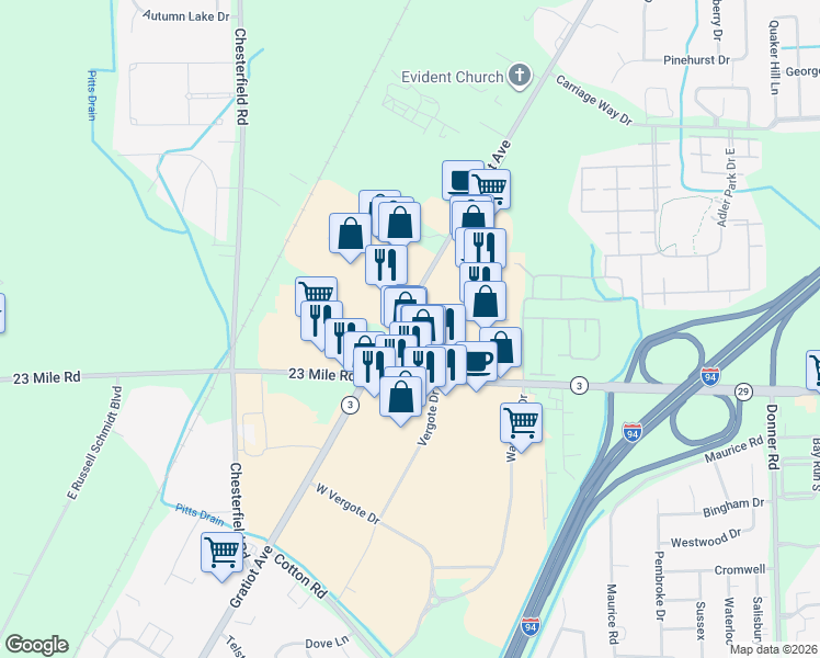 map of restaurants, bars, coffee shops, grocery stores, and more near 51307 Gratiot Avenue in Chesterfield