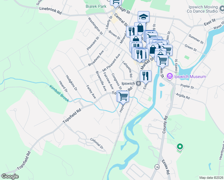 map of restaurants, bars, coffee shops, grocery stores, and more near 14 Fairview Avenue in Ipswich