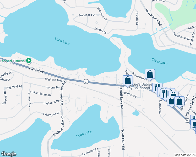 map of restaurants, bars, coffee shops, grocery stores, and more near 3082 Bay Front Court in Waterford Township