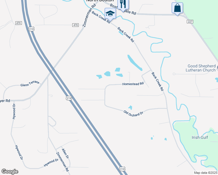 map of restaurants, bars, coffee shops, grocery stores, and more near 5600 Homestead Road in Hamburg
