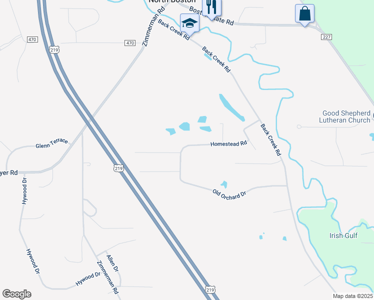 map of restaurants, bars, coffee shops, grocery stores, and more near 5600 Homestead Road in Hamburg