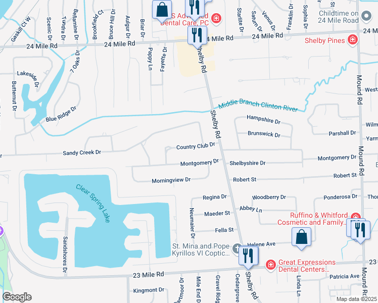 map of restaurants, bars, coffee shops, grocery stores, and more near 4378 Country Club Drive in Macomb County