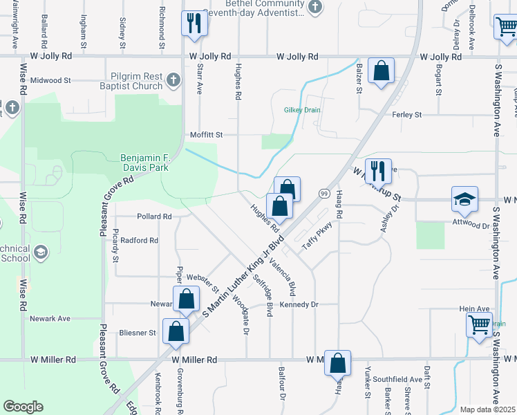 map of restaurants, bars, coffee shops, grocery stores, and more near 5621 Hughes Road in Lansing