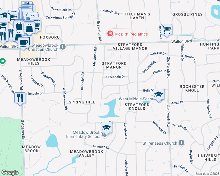 map of restaurants, bars, coffee shops, grocery stores, and more near 2401 Chalet Drive in Rochester Hills