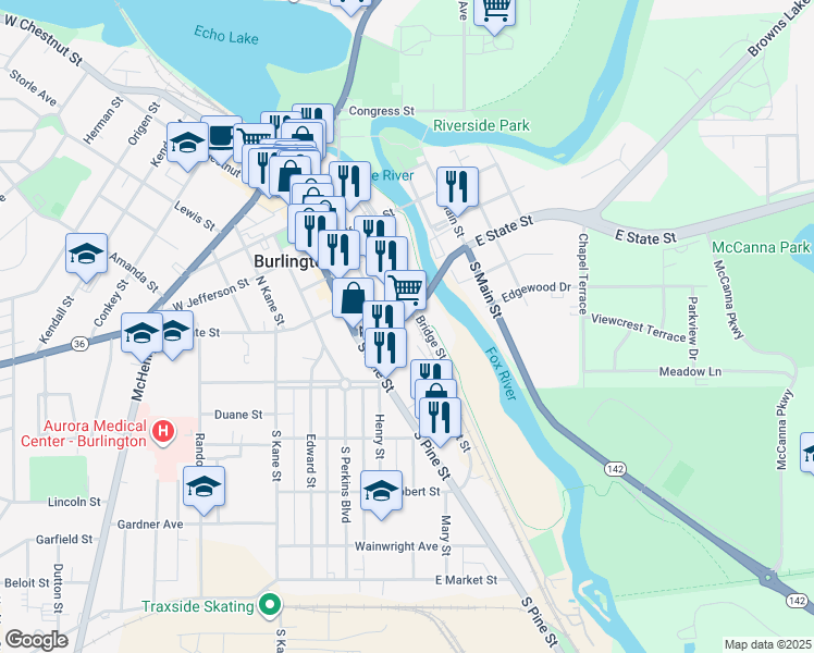 map of restaurants, bars, coffee shops, grocery stores, and more near 156 South Pine Street in Burlington