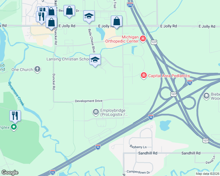 map of restaurants, bars, coffee shops, grocery stores, and more near 3253 Pinetree Rd in Lansing