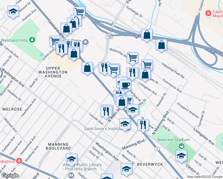 map of restaurants, bars, coffee shops, grocery stores, and more near 677 Central Avenue in Albany