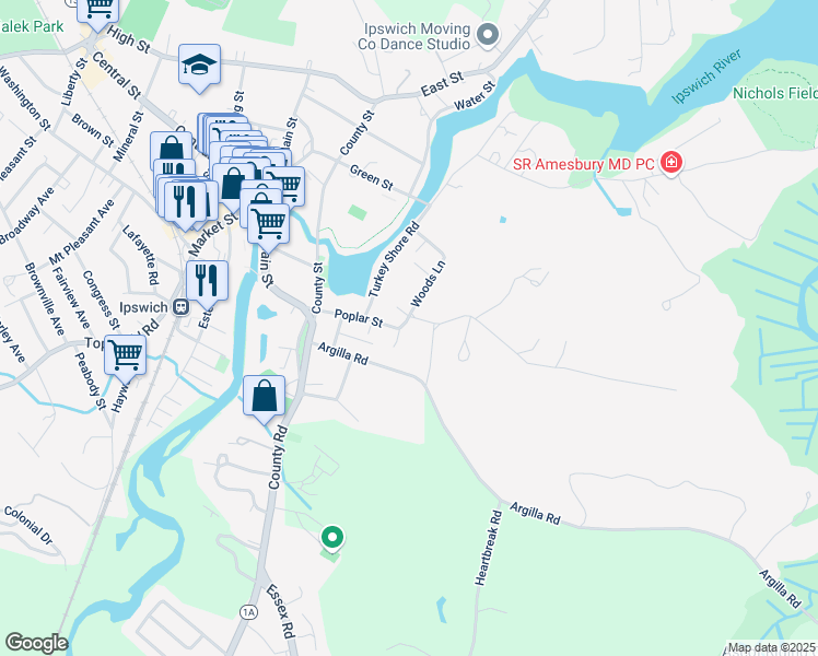 map of restaurants, bars, coffee shops, grocery stores, and more near 7 Woods Lane in Ipswich