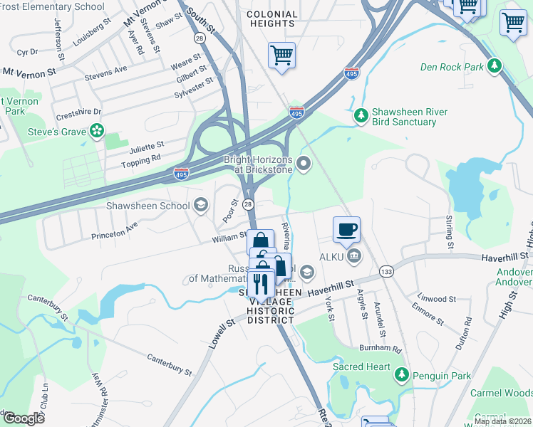 map of restaurants, bars, coffee shops, grocery stores, and more near 1 Union Street in Andover