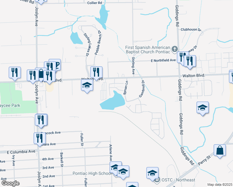 map of restaurants, bars, coffee shops, grocery stores, and more near 856 Amanda Lane in Pontiac