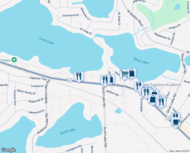 map of restaurants, bars, coffee shops, grocery stores, and more near 3058 Dixie Highway in Waterford Township