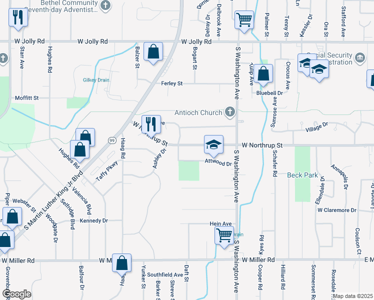 map of restaurants, bars, coffee shops, grocery stores, and more near 1019 W Northrup St in Lansing