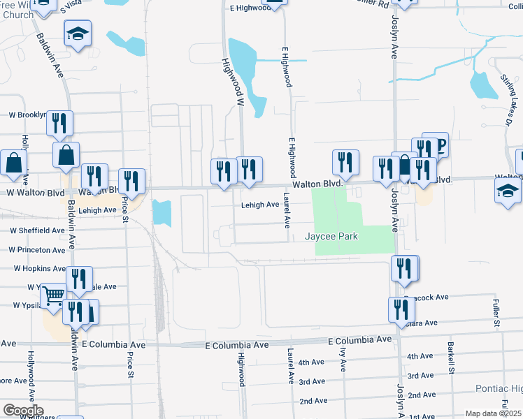map of restaurants, bars, coffee shops, grocery stores, and more near 314 Lehigh Avenue in Pontiac