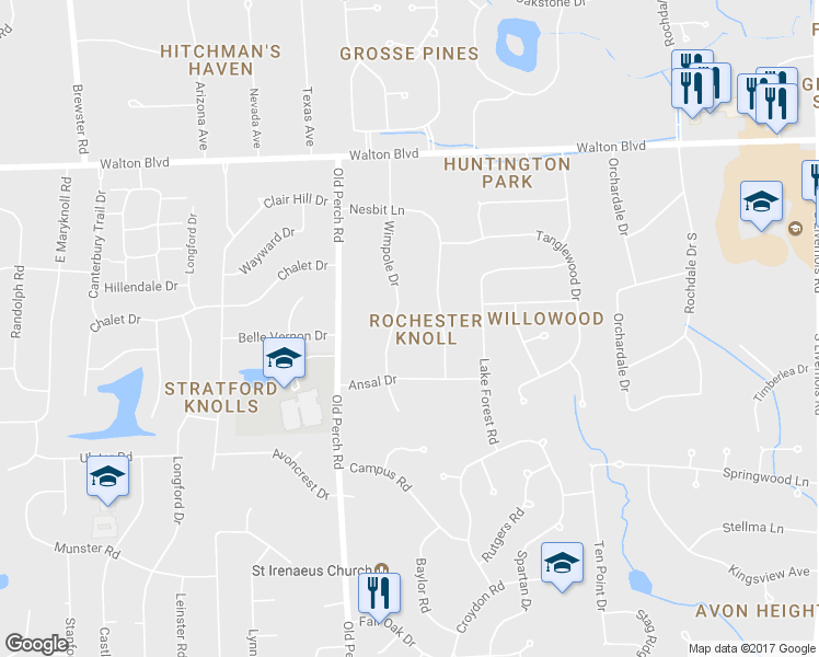 map of restaurants, bars, coffee shops, grocery stores, and more near 305 Wimpole Drive in Rochester