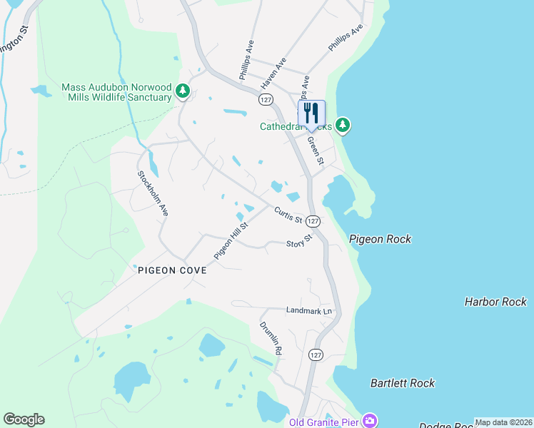 map of restaurants, bars, coffee shops, grocery stores, and more near 2 Pigeon Hill Street in Rockport
