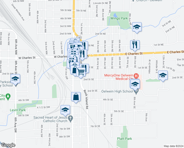 map of restaurants, bars, coffee shops, grocery stores, and more near 112 3rd Avenue Southeast in Oelwein