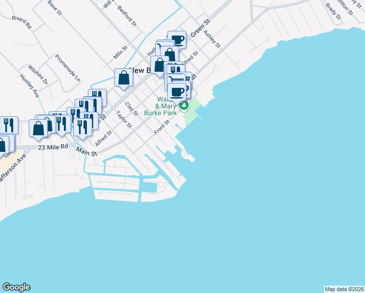 map of restaurants, bars, coffee shops, grocery stores, and more near 50740 Base Street in New Baltimore