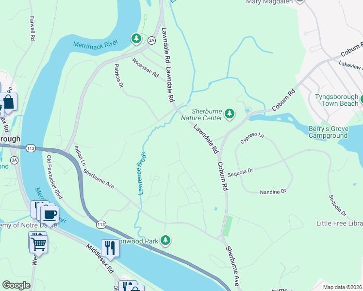 map of restaurants, bars, coffee shops, grocery stores, and more near 14 Lawndale Road in Tyngsborough