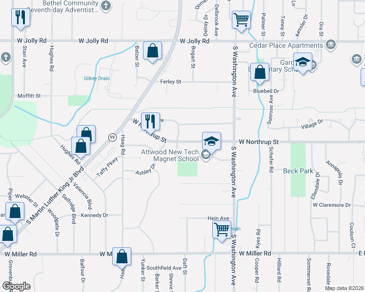 map of restaurants, bars, coffee shops, grocery stores, and more near 1019 West Northrup Street in Lansing