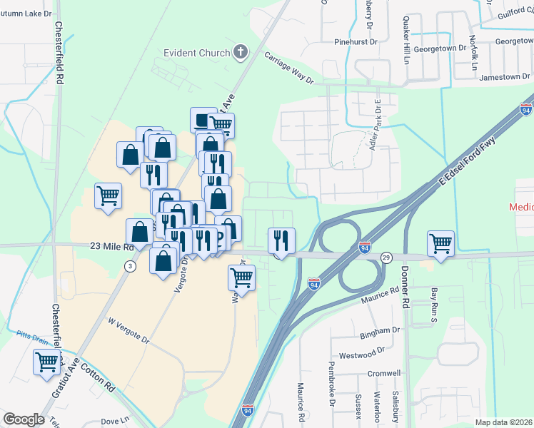map of restaurants, bars, coffee shops, grocery stores, and more near 28189 Raleigh Crescent Drive in New Baltimore