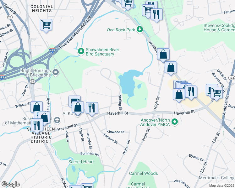 map of restaurants, bars, coffee shops, grocery stores, and more near 21 Filter Bed Road in Andover