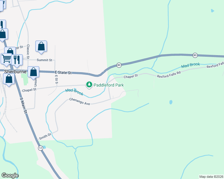 map of restaurants, bars, coffee shops, grocery stores, and more near 111 Chenango Avenue in Sherburne