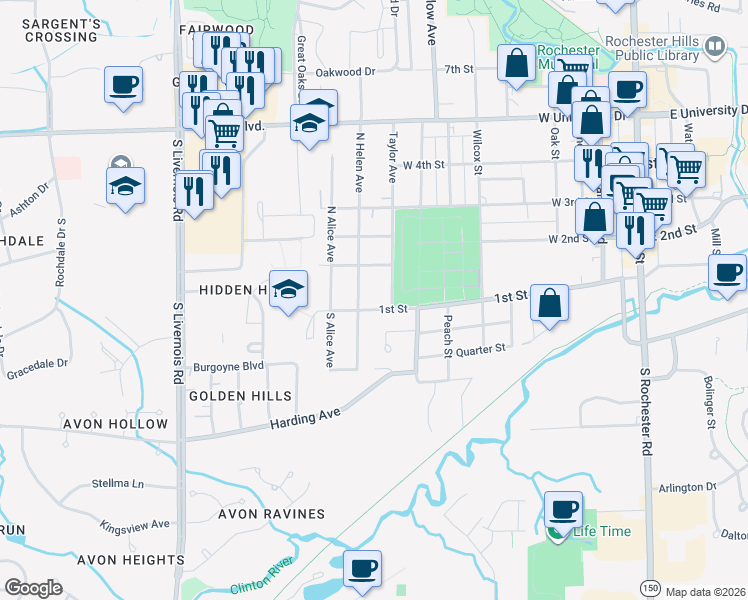 map of restaurants, bars, coffee shops, grocery stores, and more near 115 Taylor Avenue in Rochester
