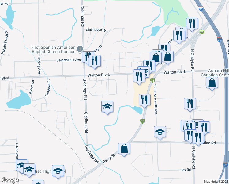 map of restaurants, bars, coffee shops, grocery stores, and more near 15 Beechwoode Lane in Pontiac