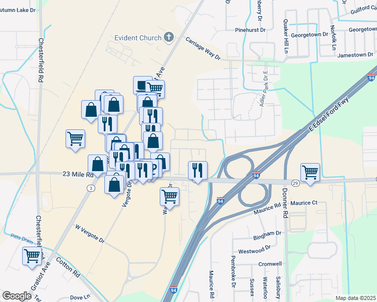 map of restaurants, bars, coffee shops, grocery stores, and more near 28189 Raleigh Crescent Drive in New Baltimore