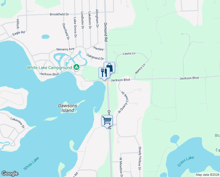 map of restaurants, bars, coffee shops, grocery stores, and more near 3811 Ormond Road in White Lake charter Township