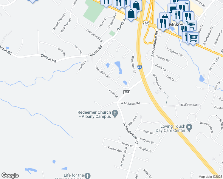 map of restaurants, bars, coffee shops, grocery stores, and more near 6 Kaine Drive in Albany