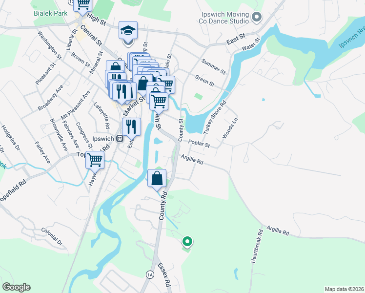 map of restaurants, bars, coffee shops, grocery stores, and more near 3 Poplar Street in Ipswich