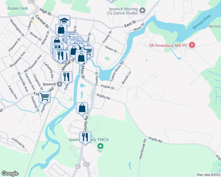map of restaurants, bars, coffee shops, grocery stores, and more near 1 Turkey Shore Road in Ipswich