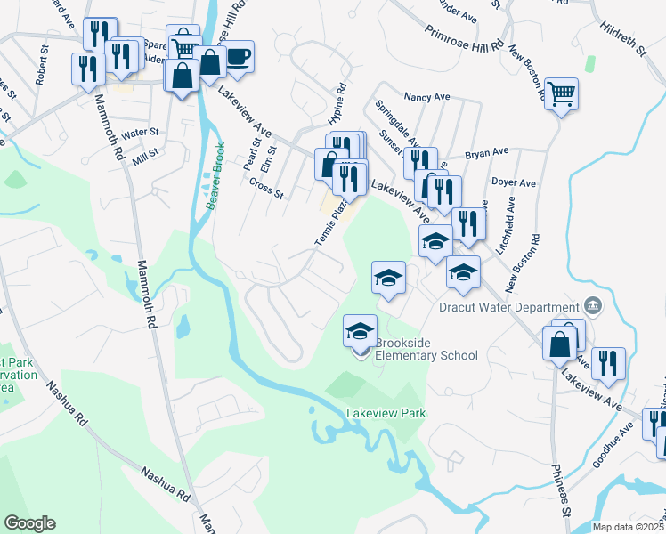 map of restaurants, bars, coffee shops, grocery stores, and more near 64 Tennis Plaza Road in Dracut