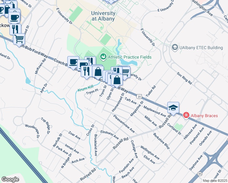 map of restaurants, bars, coffee shops, grocery stores, and more near 1178 Western Avenue in Albany