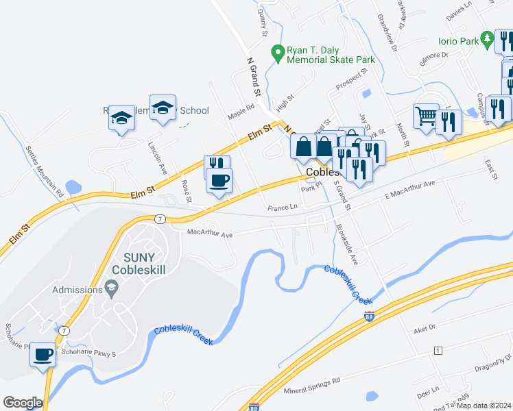 map of restaurants, bars, coffee shops, grocery stores, and more near 129 France Lane in Cobleskill