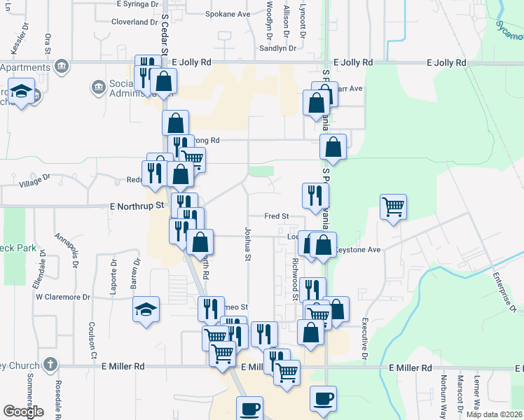 map of restaurants, bars, coffee shops, grocery stores, and more near 5527 Joshua Street in Lansing